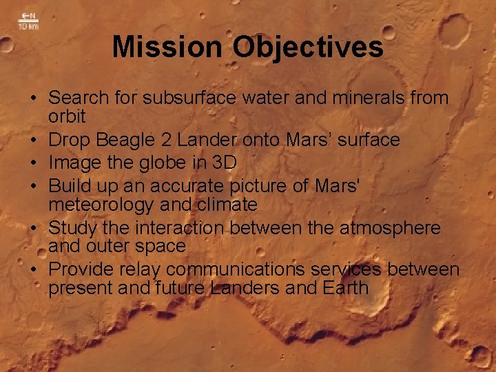 Mission Objectives • Search for subsurface water and minerals from orbit • Drop Beagle