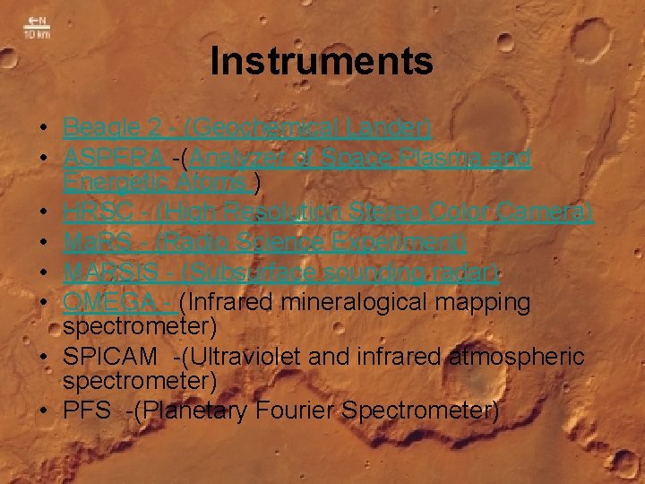 Instruments • Beagle 2 - (Geochemical Lander) • ASPERA -(Analyzer of Space Plasma and