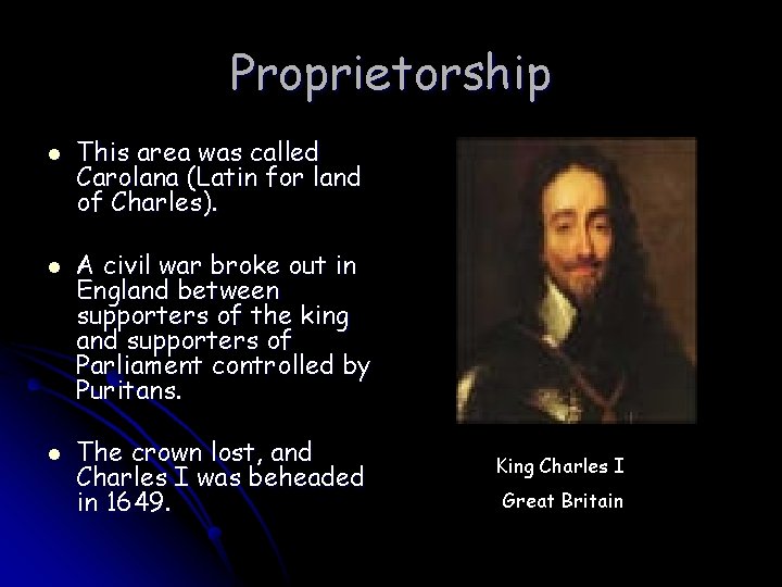 Proprietorship l l l This area was called Carolana (Latin for land of Charles).