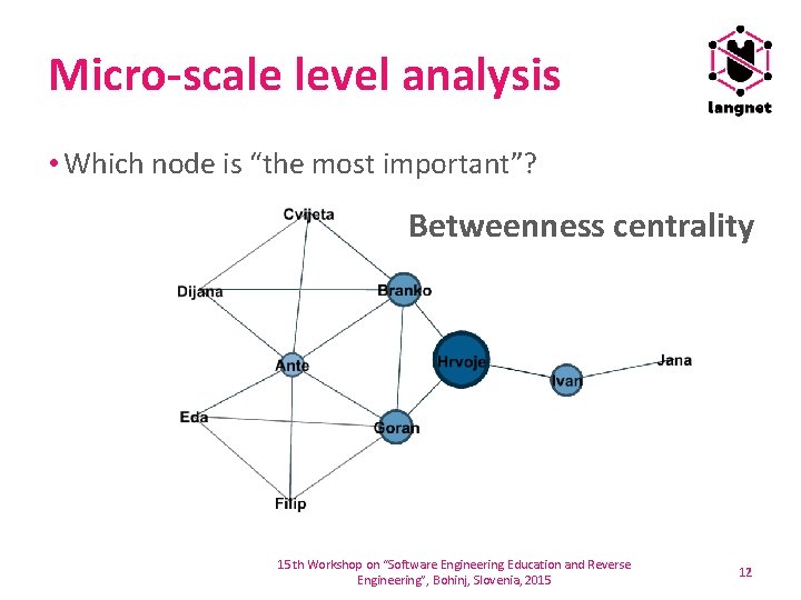 Micro-scale level analysis • Which node is “the most important”? Betweenness centrality 15 th