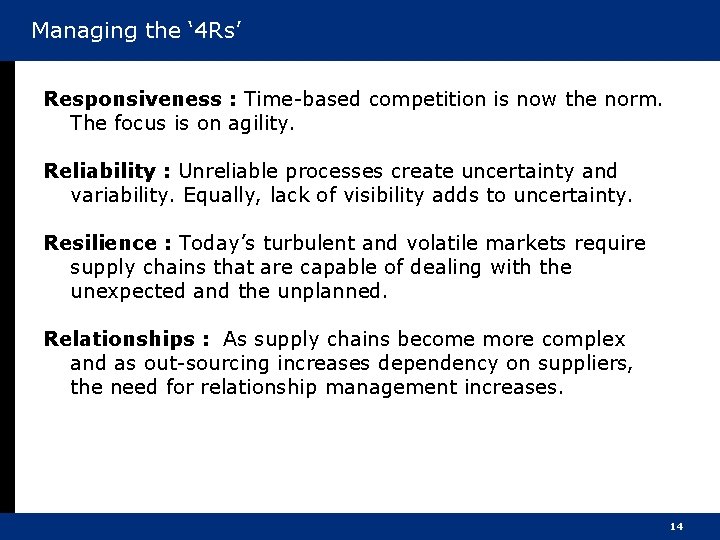 Managing the ‘ 4 Rs’ Responsiveness : Time-based competition is now the norm. The