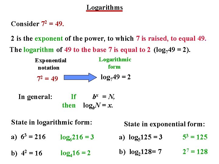 Logarithms Consider 72 = 49. 2 is the exponent of the power, to which