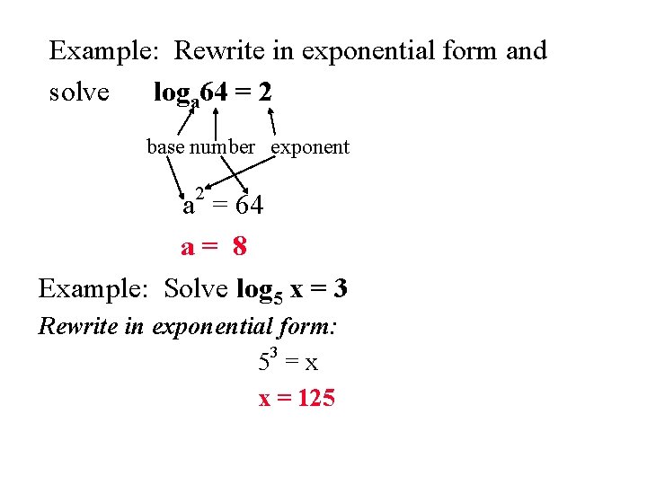 Example: Rewrite in exponential form and solve loga 64 = 2 base number exponent