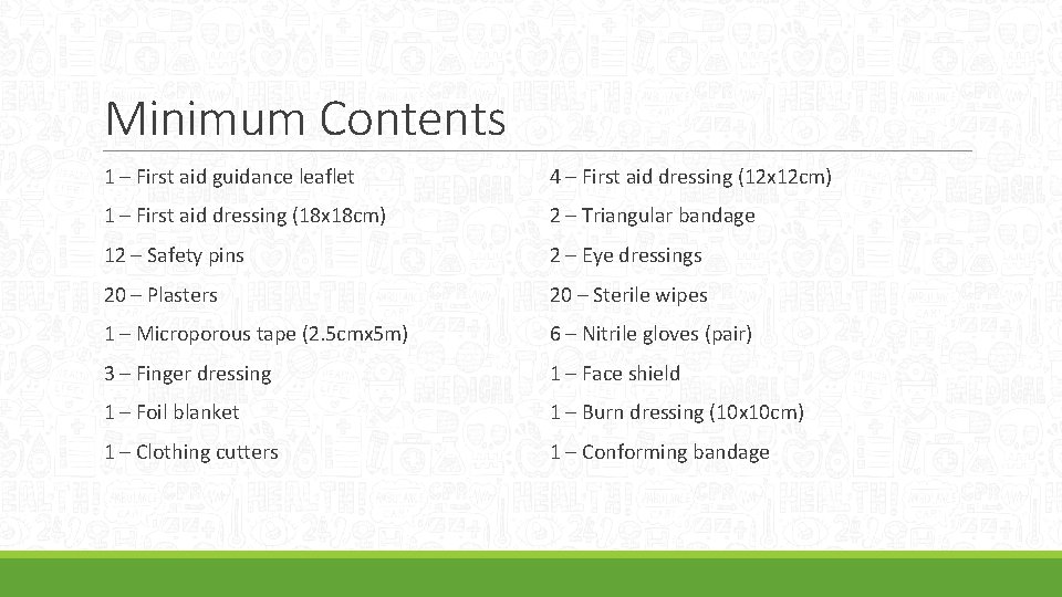 Minimum Contents 1 – First aid guidance leaflet 4 – First aid dressing (12