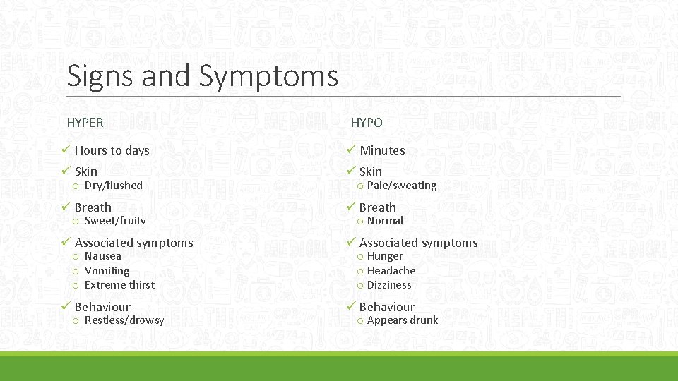 Signs and Symptoms HYPER HYPO ü Hours to days ü Minutes ü Skin ü