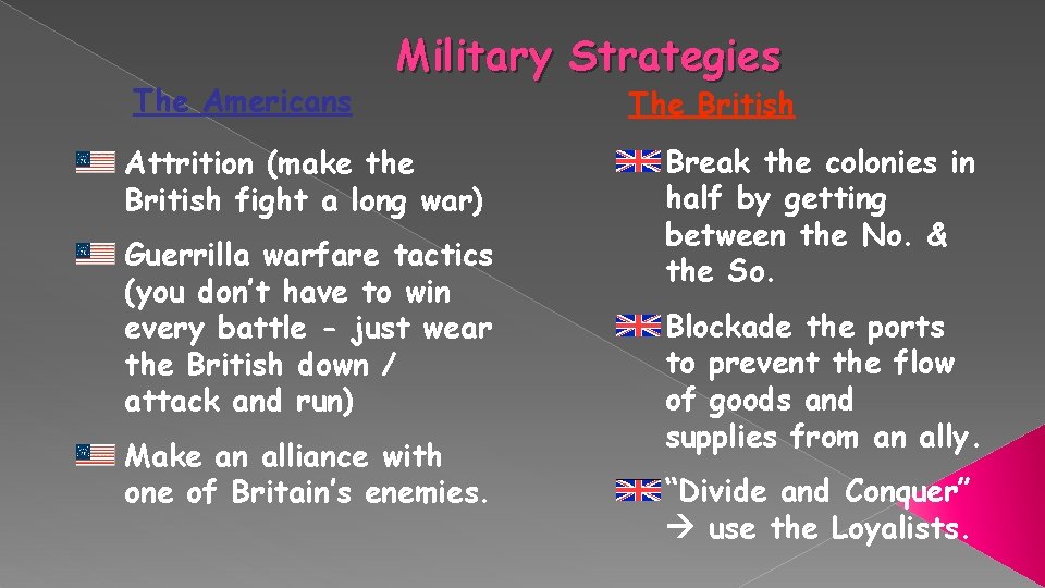 The Americans Military Strategies Attrition (make the British fight a long war) Guerrilla warfare