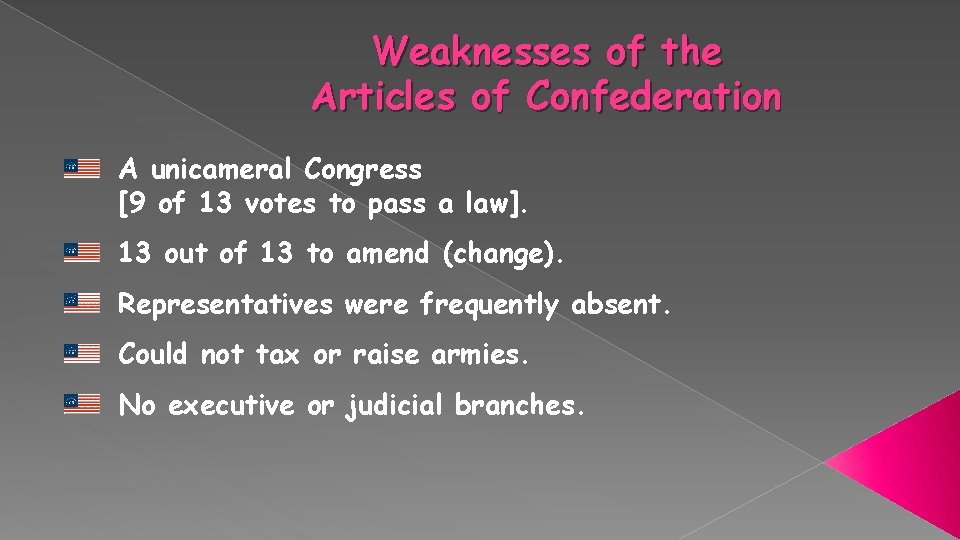 Weaknesses of the Articles of Confederation A unicameral Congress [9 of 13 votes to