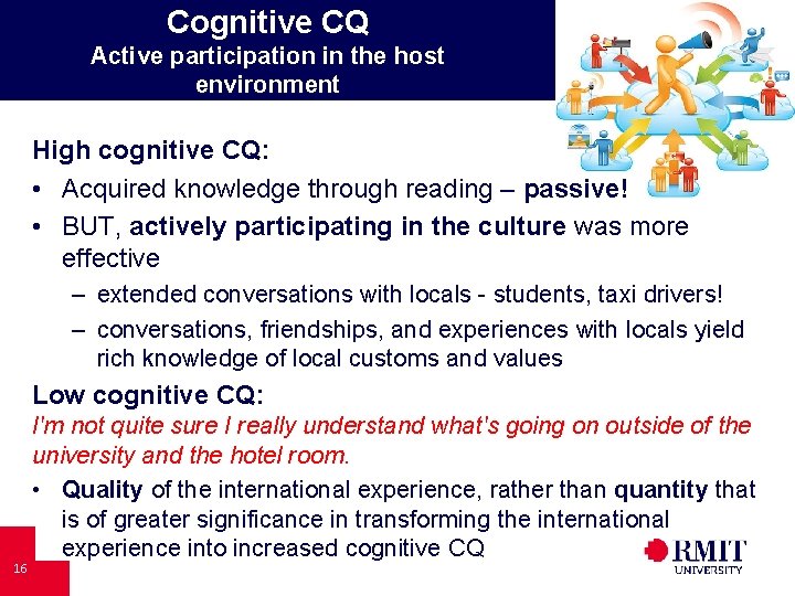 Cognitive CQ Active participation in the host environment High cognitive CQ: • Acquired knowledge