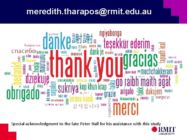 meredith. tharapos@rmit. edu. au Special acknowledgment to the late Peter Hall for his assistance
