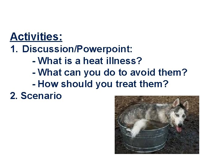 Activities: 1. Discussion/Powerpoint: - What is a heat illness? - What can you do