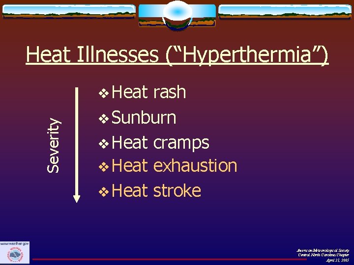 Heat Illnesses (“Hyperthermia”) Severity v Heat rash v Sunburn v Heat cramps v Heat