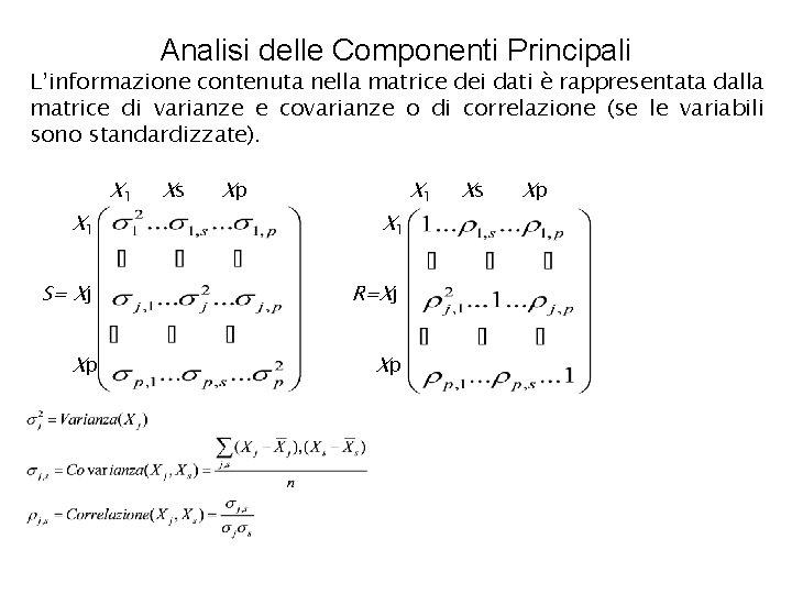 Analisi delle Componenti Principali L’informazione contenuta nella matrice dei dati è rappresentata dalla matrice