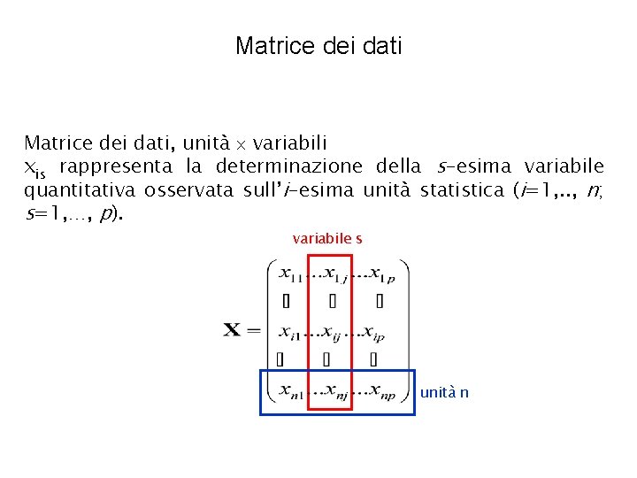 Matrice dei dati, unità variabili xis rappresenta la determinazione della s-esima variabile quantitativa osservata