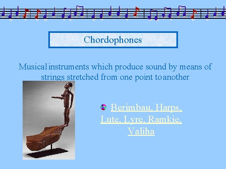 Chordophones Musical instruments which produce sound by means of strings stretched from one point
