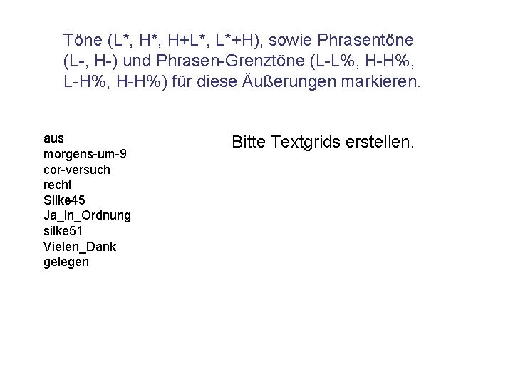 Töne (L*, H+L*, L*+H), sowie Phrasentöne (L-, H-) und Phrasen-Grenztöne (L-L%, H-H%, L-H%, H-H%)