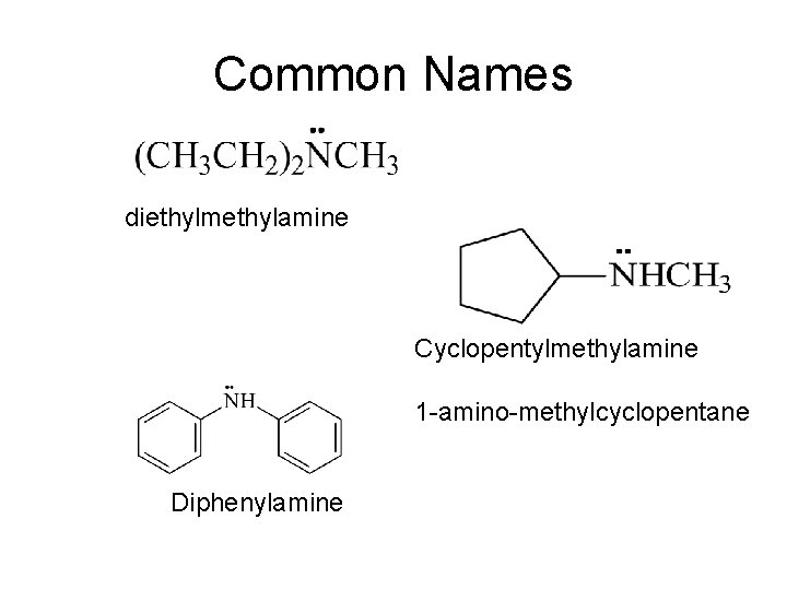 Common Names diethylmethylamine Cyclopentylmethylamine 1 -amino-methylcyclopentane Diphenylamine 