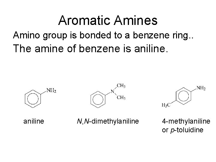Aromatic Amines Amino group is bonded to a benzene ring. . The amine of