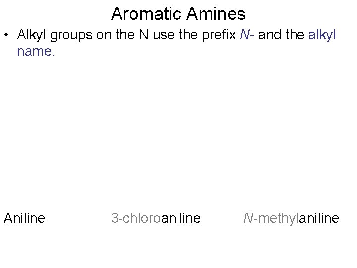 Aromatic Amines • Alkyl groups on the N use the prefix N and the