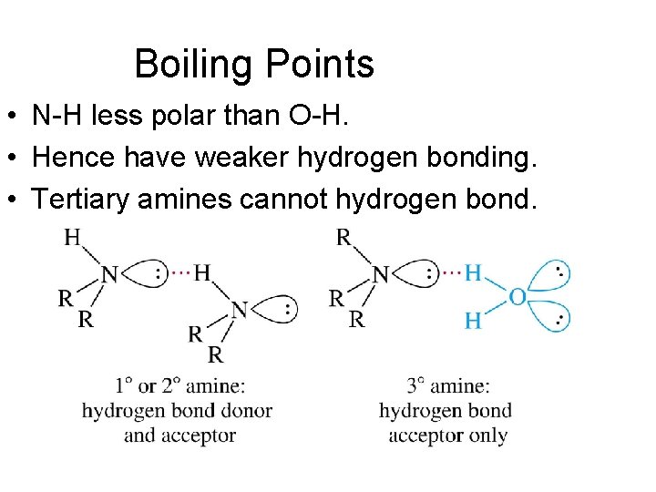 Boiling Points • N-H less polar than O-H. • Hence have weaker hydrogen bonding.