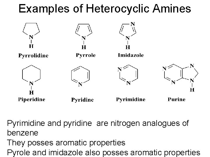 Examples of Heterocyclic Amines Pyrimidine and pyridine are nitrogen analogues of benzene They posses