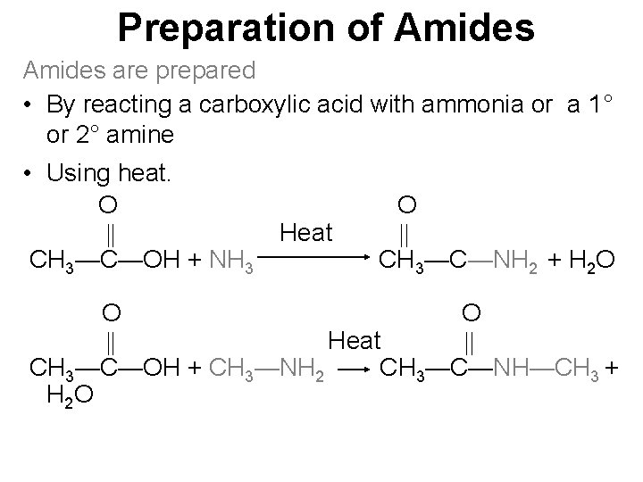 Preparation of Amides are prepared • By reacting a carboxylic acid with ammonia or