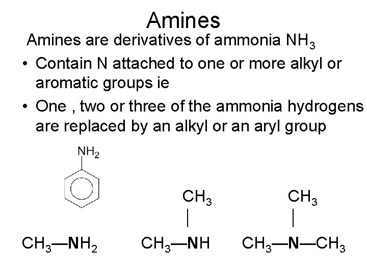 Amines are derivatives of ammonia NH 3 • Contain N attached to one or