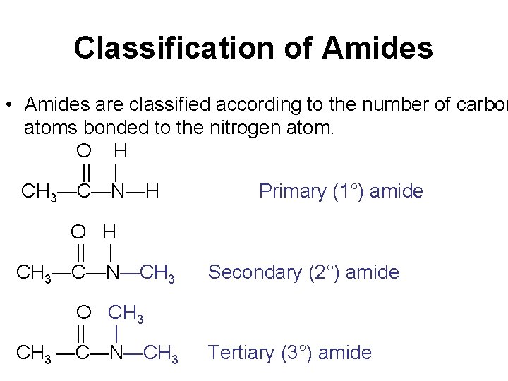 Classification of Amides • Amides are classified according to the number of carbon atoms