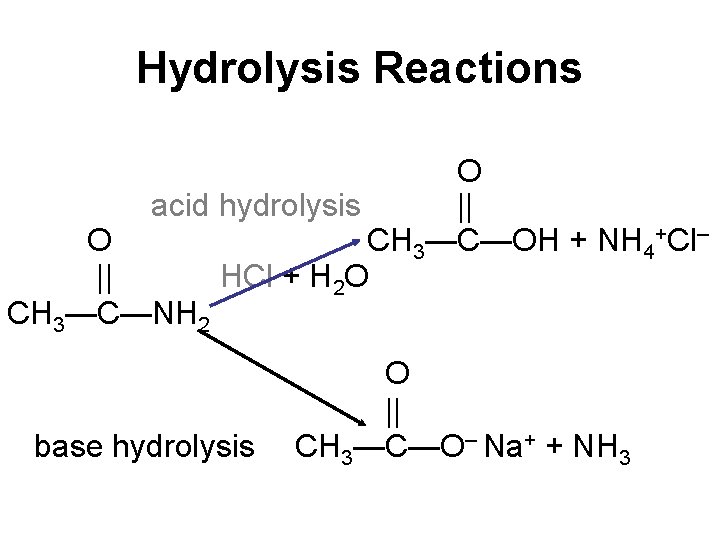 Hydrolysis Reactions O acid hydrolysis || O CH 3—C—OH + NH 4+Cl– || HCl