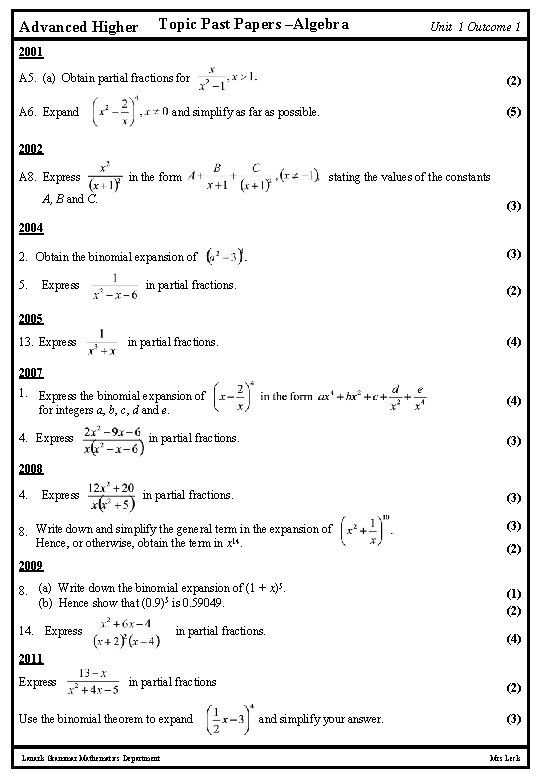 Advanced Higher Topic Past Papers –Algebra Unit 1 Outcome 1 2001 A 5. (a)