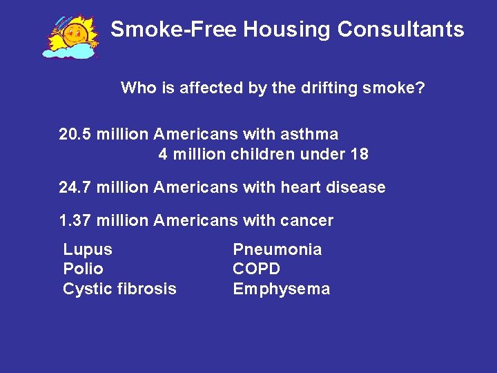 Smoke-Free Housing Consultants Who is affected by the drifting smoke? 20. 5 million Americans