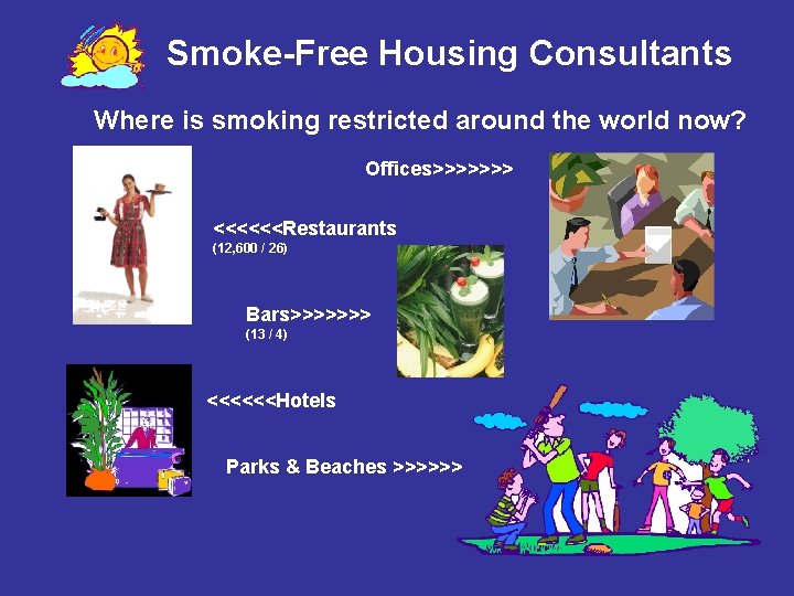 Smoke-Free Housing Consultants Where is smoking restricted around the world now? Offices>>>>>>> <<<<<<Restaurants (12,