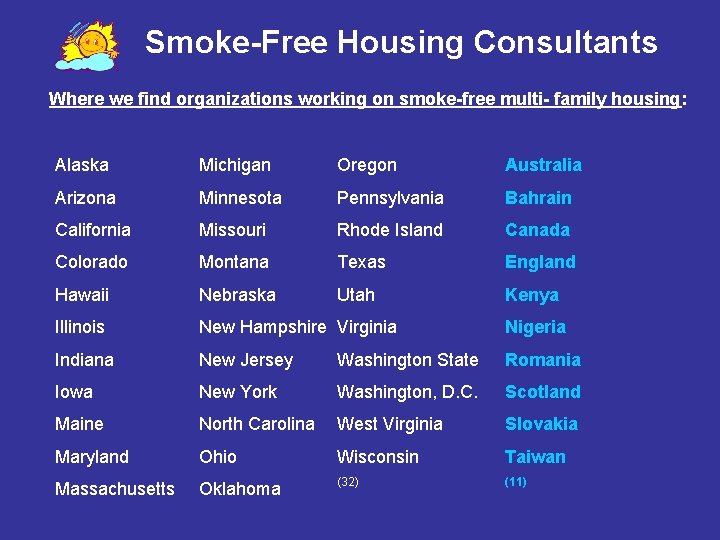 Smoke-Free Housing Consultants Where we find organizations working on smoke-free multi- family housing: Alaska