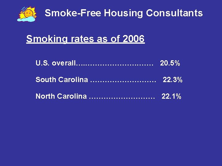 Smoke-Free Housing Consultants Smoking rates as of 2006 U. S. overall…. …………………. …… 20.