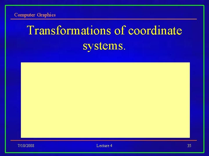 Computer Graphics Transformations of coordinate systems. 7/10/2008 Lecture 4 35 