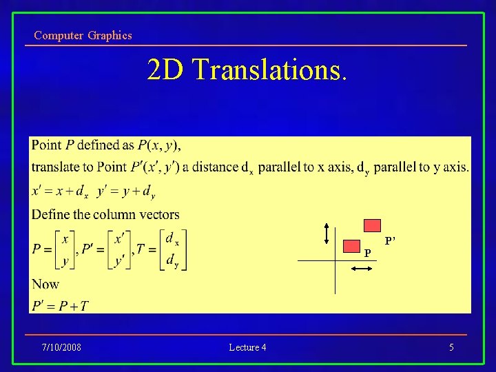 Computer Graphics 2 D Translations. P’ P 7/10/2008 Lecture 4 5 