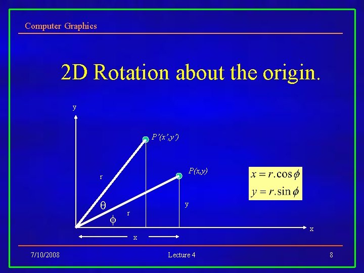 Computer Graphics 2 D Rotation about the origin. y P’(x’, y’) P(x, y) r