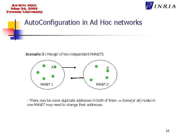 Auto. Configuration in Ad Hoc networks Scenario 3 : Merger of two independent MANETS