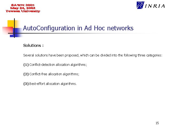 Auto. Configuration in Ad Hoc networks Solutions : Several solutions have been proposed, which