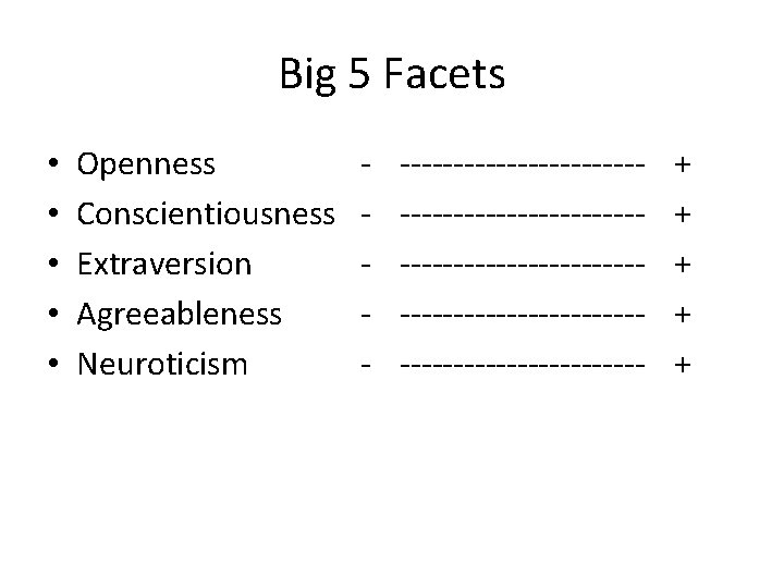 Big 5 Facets • • • Openness Conscientiousness Extraversion Agreeableness Neuroticism - ----------------------- ------------