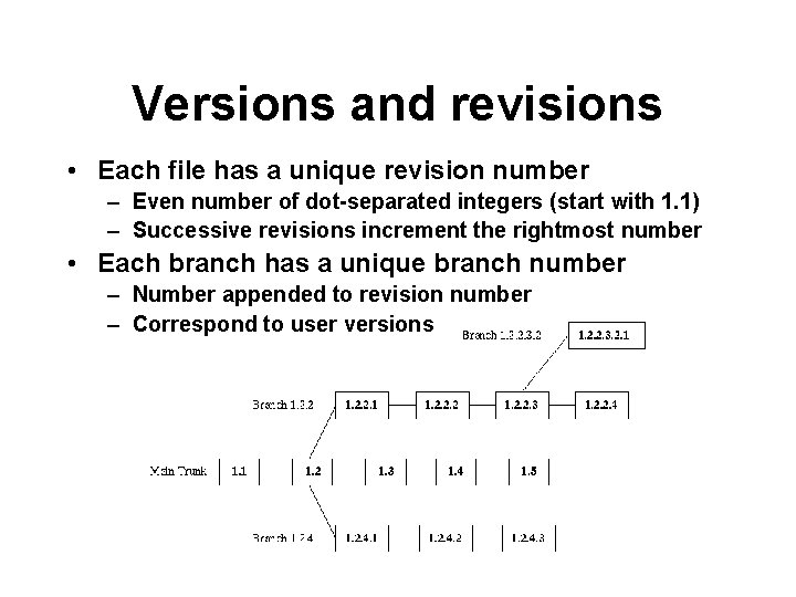 Versions and revisions • Each file has a unique revision number – Even number