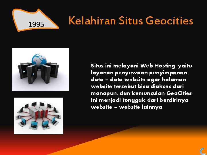 1995 Kelahiran Situs Geocities Situs ini melayani Web Hosting, yaitu layanan penyewaan penyimpanan data