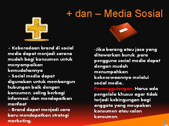 + dan – Media Sosial + Keberadaan brand di social media dapat menjadi sarana