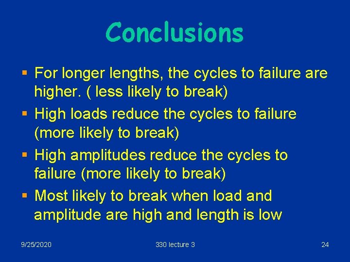 Conclusions § For longer lengths, the cycles to failure are higher. ( less likely