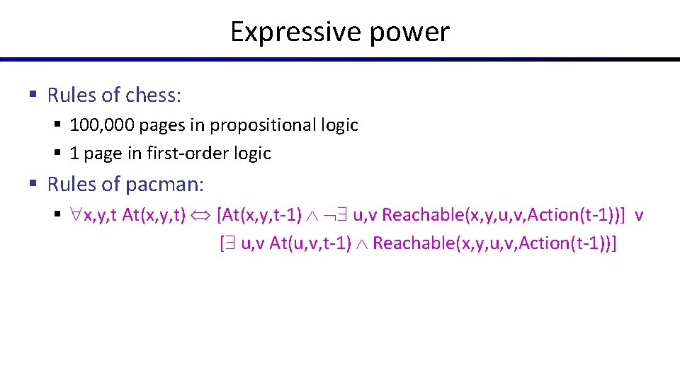 Expressive power § Rules of chess: § 100, 000 pages in propositional logic §