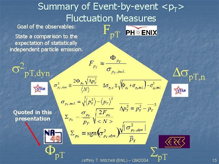 Summary of Event-by-event <p. T> Fluctuation Measures Goal of the observables: State a comparison