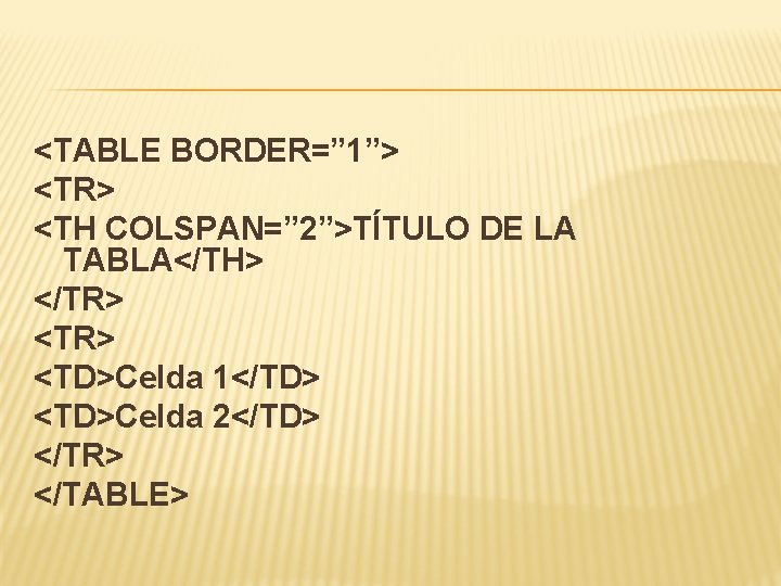 <TABLE BORDER=” 1”> <TR> <TH COLSPAN=” 2”>TÍTULO DE LA TABLA</TH> </TR> <TD>Celda 1</TD> <TD>Celda