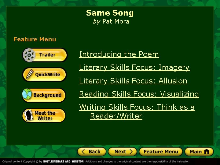 Same Song by Pat Mora Feature Menu Introducing the Poem Literary Skills Focus: Imagery