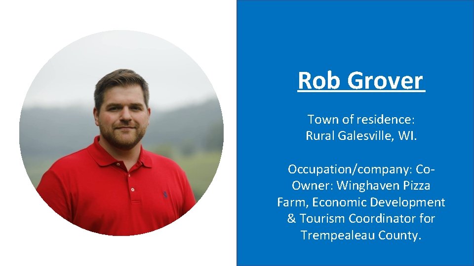 Rob Grover Town of residence: Rural Galesville, WI. Occupation/company: Co. Owner: Winghaven Pizza Farm,