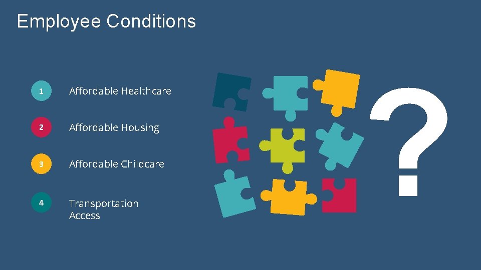 Employee Conditions 1 Affordable Healthcare 2 Affordable Housing 3 Affordable Childcare 4 Transportation Access
