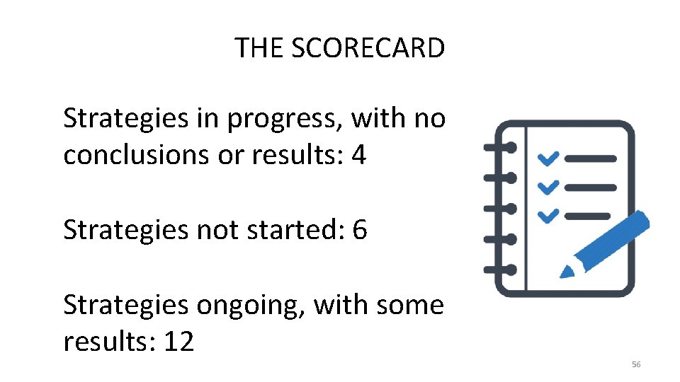 THE SCORECARD Strategies in progress, with no conclusions or results: 4 Strategies not started: